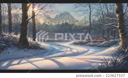 森林中一條平坦的雪路被清晨的陽光照亮 123627337