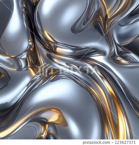 An abstract background of shiny metallic liquid with golden highlights. The smooth, fluid surface creates a sense of depth and movement. Ideal for creating futuristic or technological AI generated 123627371