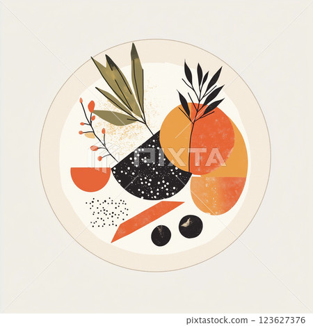 Abstract composition depicting stylized fruits and leaves. Geometric shapes combined with organic lines create dynamic and modern image, minimalist style using watercolor textures AI generated Abstract composition depicting stylized fruits and leaves. Geometric shapes combined with organic lines create dynamic and modern image, minimalist style using watercolor textures AI generated 123627376