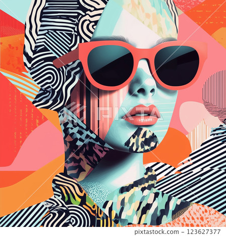 Abstract image modern woman wearing fashionable sunglasses, image is created using a mixed technique with bright colors and geometric shapes, face stylized AI generated 123627377