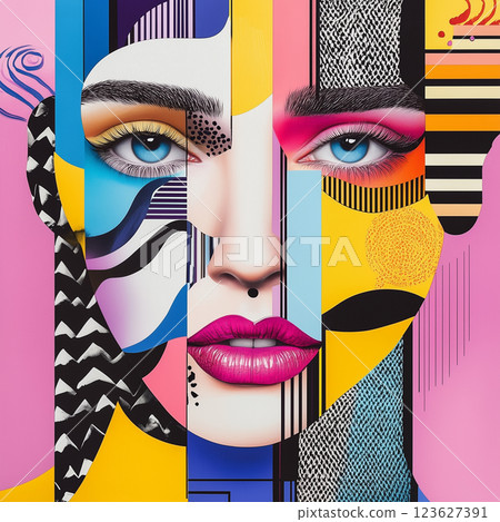 Portrait of a modern woman, executed in a collage technique consists many geometric shapes, colorful blocks, and abstract elements AI generated 123627391