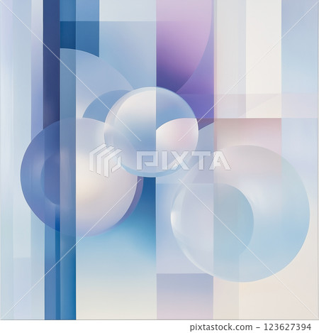 Soft geometric shapes, mainly circles and rectangles, are overlaid to create illusion of depth and volume. Predominant cool shades of blue, purple AI generated 123627394