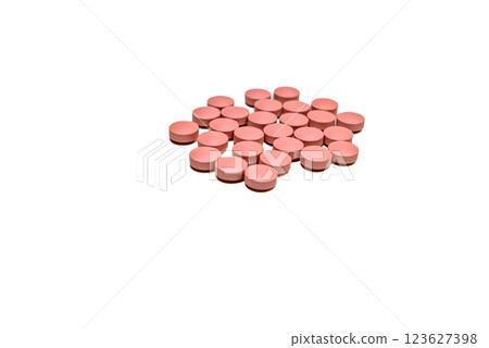 Selective focus of a handful of pills on the white background. Pharmacist. Medicine 123627398