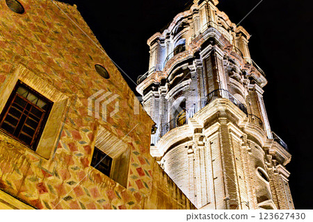 Tower of the Church of San Juan Bautista in Malaga, Andalusia. Night photo, selective focus 123627430