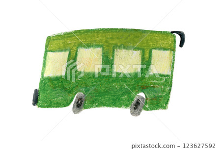 Cute stylized oil pastel city public transport illustration. Bright green color hand drawn minibus clipart for kids t-shirt textile design, sticker, label, nursery poster 123627592