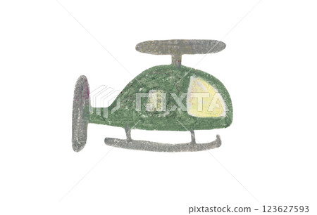 Cute stylized oil pastel flying vehicle illustration. Pale green camouflage color hand drawn helicopter clipart for kids t-shirt textile design, sticker, label, nursery poster Cute stylized oil pastel flying vehicle illustration. Pale green camouflage color hand drawn helicopter clipart for kids t-shirt textile design, sticker, label, nursery poster 123627593