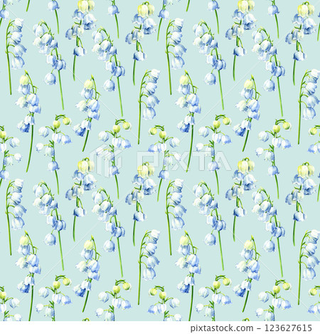 Beautiful lilies of the valley. Wildflower watercolor seamless pattern, Garden flowers, floral background boho flower 123627615