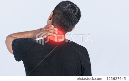 Neck pain and stress concept, man with neck muscle pain, Close up of person with neck pain, a man with neck pain on isolated background. Neck pain and stress concept, man with neck muscle pain, Close up of person with neck pain, a man with neck pain on isolated background. 123627645