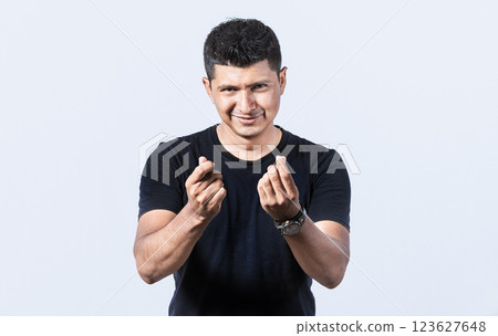 Gesture of man asking for money with fingers, man rubbing fingers asking for cash, Cunning man rubbing fingers showing money gesture 123627648