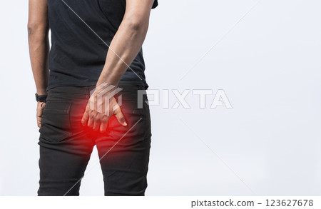 People with hemorrhoid problem on isolated background, Person with digestive problem touching his buttock, Man with diarrhea problem 123627678
