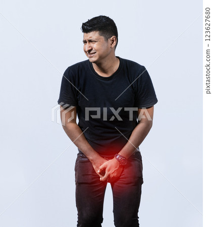Medical problem, urinary incontinence concept. People with crotch pain, man with diarrhea problem 123627680