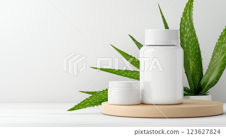 Skincare containers on wooden tray in minimalist setting on aloe vera plant background 123627824