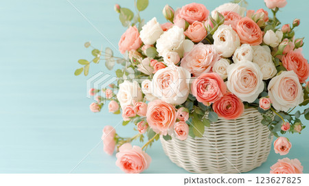 Basket of peach and white roses with greenery on light blue background 123627825