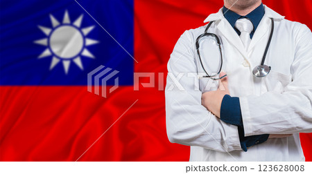Male doctor with stethoscope on Taiwanese flag. Doctor holding stethoscope on Taiwanese flag Male doctor with stethoscope on Taiwanese flag. Doctor holding stethoscope on Taiwanese flag 123628008