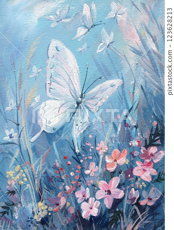 White butterfly flies over flowers on a blue background. Hand drawn Oil painting on canvas. Detail artistic Summer art White butterfly flies over flowers on a blue background. Hand drawn Oil painting on canvas. Detail artistic Summer art 123628213