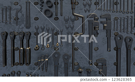 The Tool on metal plate for Background concept 3d Rendering. 123628365