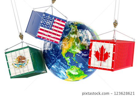 Trade agreement between the United States of America, the United Mexican States, and Canada NAFTA. Earth Globe with freight containers with Canadian, the USA and Mexican flags on the crane hooks. 3d Trade agreement between the United States of America, the United Mexican States, and Canada NAFTA. Earth Globe with freight containers with Canadian, the USA and Mexican flags on the crane hooks. 3d 123628621