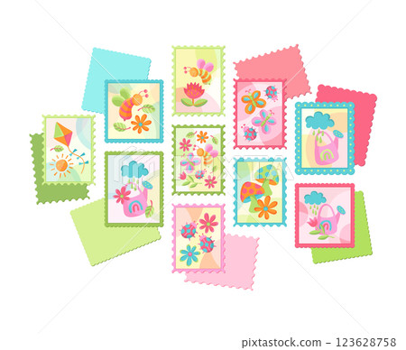 Colorful Postage Stamps, Cute Spring Stickers and Summer Illustrations with Bees, Flowers, Butterflies, And Kites in a Playful Style, Vector Design Elements for Scrapbooking and Kids Craft Colorful Postage Stamps, Cute Spring Stickers and Summer Illustrations with Bees, Flowers, Butterflies, And Kites in a Playful Style, Vector Design Elements for Scrapbooking and Kids Craft 123628758