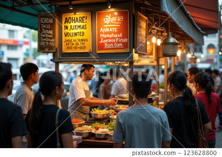 Food Vendor Prepares Colorful Dishes at a Bustling Night Market in the City Food Vendor Prepares Colorful Dishes at a Bustling Night Market in the City 123628800