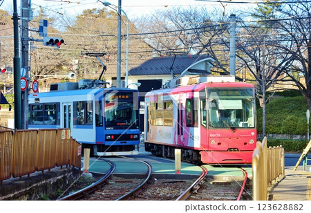 Toden Arakawa Line passing each other at Asukayama Toden Arakawa Line passing each other at Asukayama 123628882