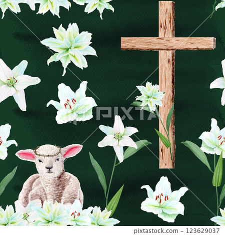 Wooden cross with lily garland and a lamb watercolor seamless pattern on textured dark green background. Illustration perfect for Easter, Holy Thursday, baptism, church wedding cards decor design 123629037
