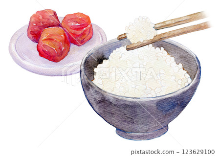 水彩插圖：一組剛煮好的白米飯和醃梅子 123629100
