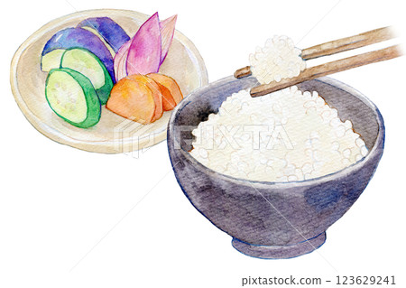 Watercolor illustration: Set of freshly cooked white rice and pickles 123629241