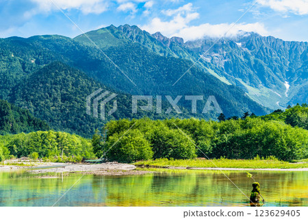Summer in Kamikochi: View of the Hotaka Mountains from Taisho Pond Summer in Kamikochi: View of the Hotaka Mountains from Taisho Pond 123629405
