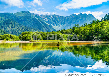 Summer in Kamikochi: View of the Hotaka Mountains from Taisho Pond 123629406