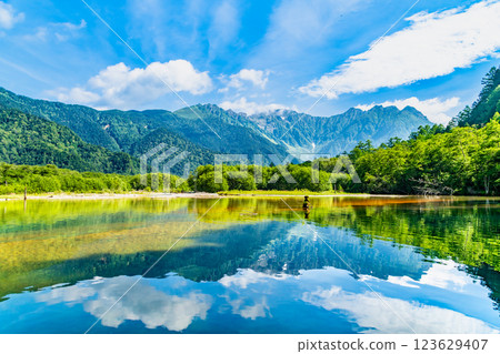 Summer in Kamikochi: View of the Hotaka Mountains from Taisho Pond Summer in Kamikochi: View of the Hotaka Mountains from Taisho Pond 123629407