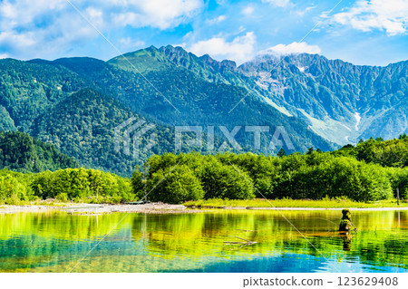 Summer in Kamikochi: View of the Hotaka Mountains from Taisho Pond 123629408