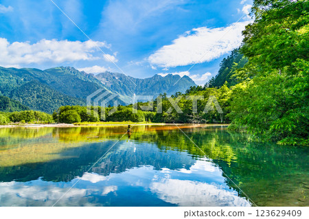 Summer in Kamikochi: View of the Hotaka Mountains from Taisho Pond Summer in Kamikochi: View of the Hotaka Mountains from Taisho Pond 123629409