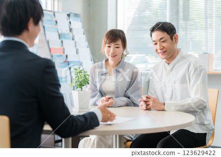 A couple listening to a conversation in a showroom/business negotiation space and a businessman serving them 123629422