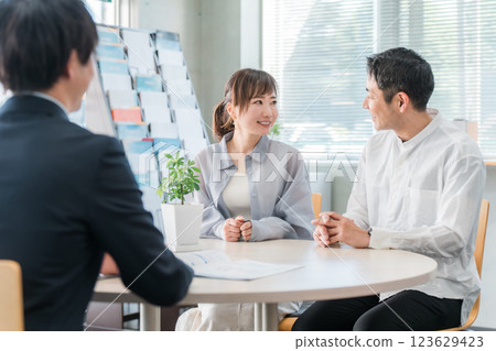 A couple listening to a talk in a showroom / business negotiation space and a businessman serving him A husband listening to a talk in a showroom / business negotiation space 123629423