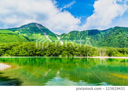 Summer in Kamikochi: View of Mount Yakedake from Taisho Pond Summer in Kamikochi: View of Mount Yakedake from Taisho Pond 123629431