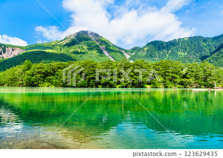 Summer in Kamikochi: View of Mount Yakedake from Taisho Pond 123629435