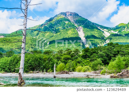 Kamikochi in summer: The clear waters of the Azusa River and Mount Yakedake Kamikochi in summer: The clear waters of the Azusa River and Mount Yakedake 123629489