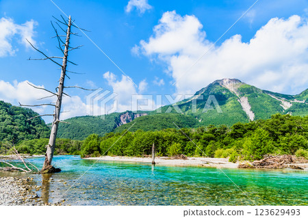 夏日的上高地：清澈的梓川和燒岳 123629493