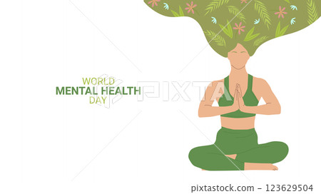 Mental health awareness month design layout banner. Girl meditates. Psychological and emotional well-being. Vector illustration. 123629504