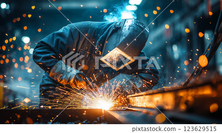 Welders in industrial manufacturing facilities fully protected with gloves and masks 123629515