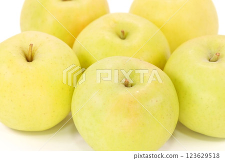 Yellow apples, Toki, Aomori Prefecture, bright background, multiple 123629518