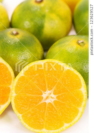 Nishiura mandarin oranges, early-ripening mandarin oranges, produced in Shizuoka prefecture, light background, cut, cross section Nishiura mandarin oranges, early-ripening mandarin oranges, produced in Shizuoka prefecture, light background, cut, cross section 123629527
