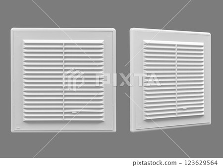 White ventilation grate on a gray background. Square shape, plastic material. 123629564