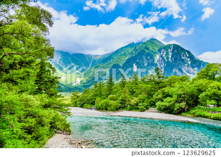 上高地的夏天:清澈的梓川和穗高山脈 上高地的夏天:清澈的梓川和穗高山脈 123629625
