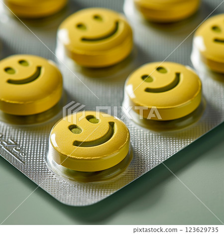 A group of yellow pills with smiling faces on them. happy concept 123629735