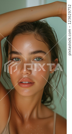 A woman with green eyes and a pinkish tint to her lips A woman with green eyes and a pinkish tint to her lips 123629752