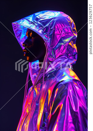 A person is wearing a shiny, metallic jacket with a hood. Cyberpunk concept A person is wearing a shiny, metallic jacket with a hood. Cyberpunk concept 123629757