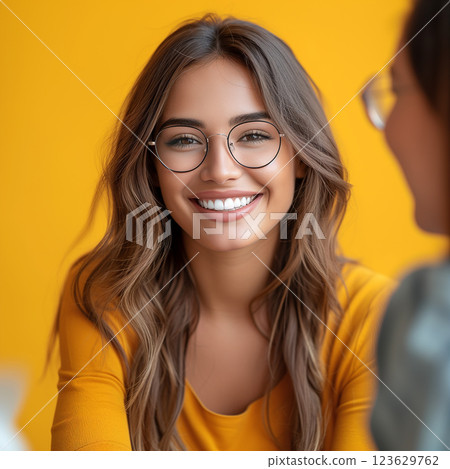 A woman with long brown hair and glasses is smiling at the camera. . Therapy concept A woman with long brown hair and glasses is smiling at the camera. . Therapy concept 123629762