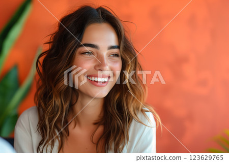 A woman with brown hair and a smile on her face A woman with brown hair and a smile on her face 123629765