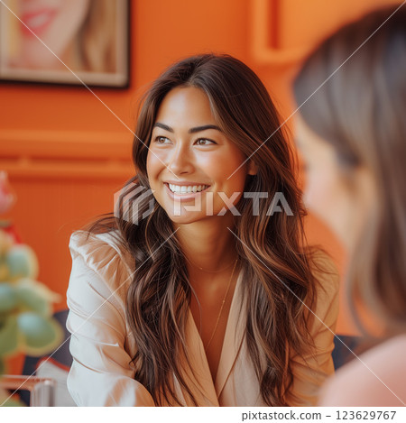 A woman with long brown hair is smiling at the camera. Therapy concept A woman with long brown hair is smiling at the camera. Therapy concept 123629767